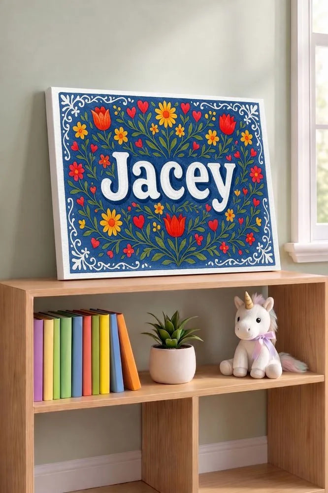 Jacey Name Art - Floral Farmhouse personalized wall print for kids