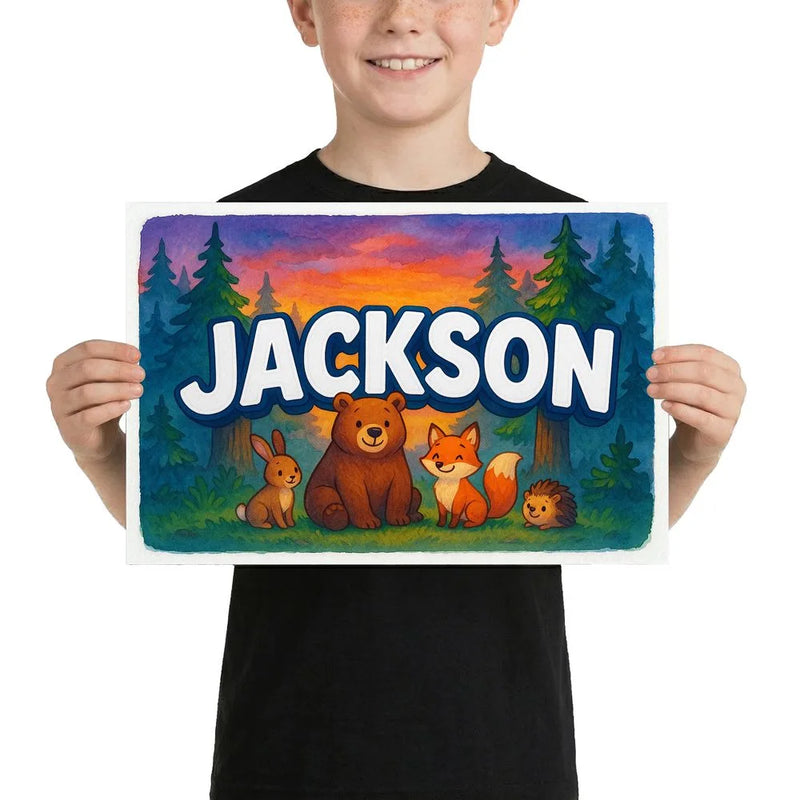 Jackson Name Art - Forest Friends personalized wall print for kids