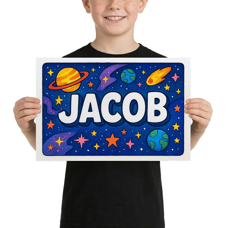 Jacob Name Art - Space Explorers personalized wall print for kids