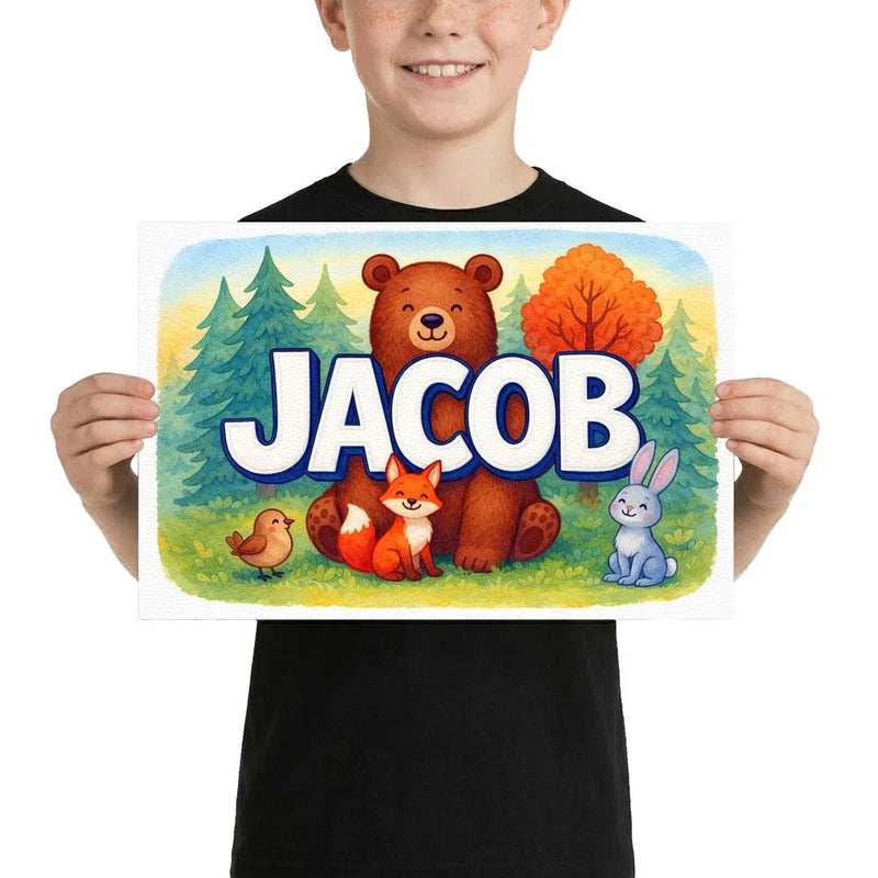 Jacob Name Art - Forest Friends personalized wall print for kids