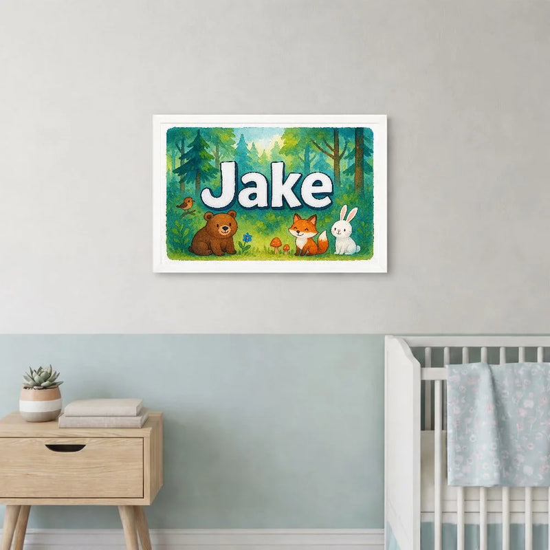 Jake Name Art - Forest Friends personalized wall print for kids