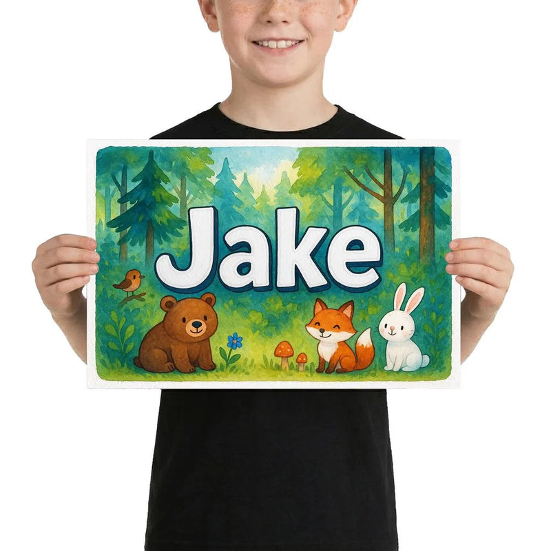 Jake Name Art - Forest Friends personalized wall print for kids