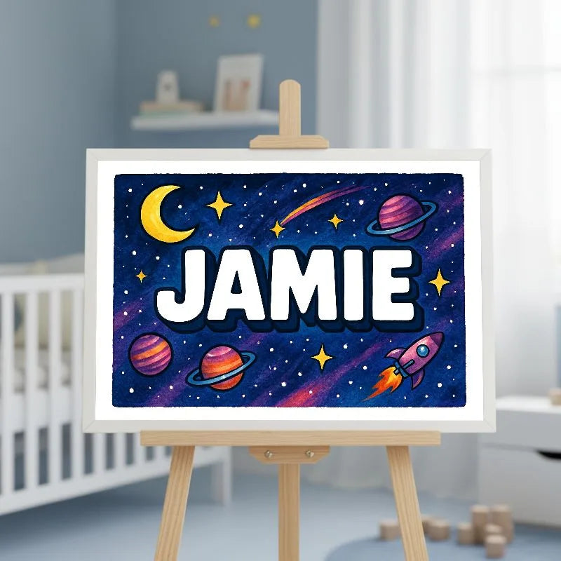 Jamie Name Art - Space Explorers personalized wall print for kids