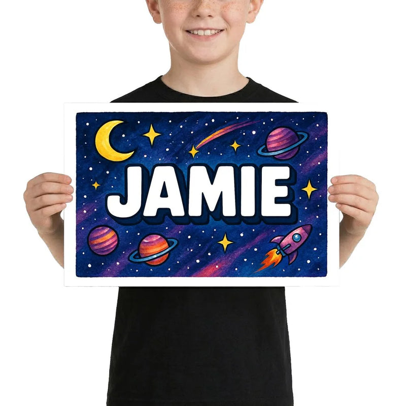 Jamie Name Art - Space Explorers personalized wall print for kids