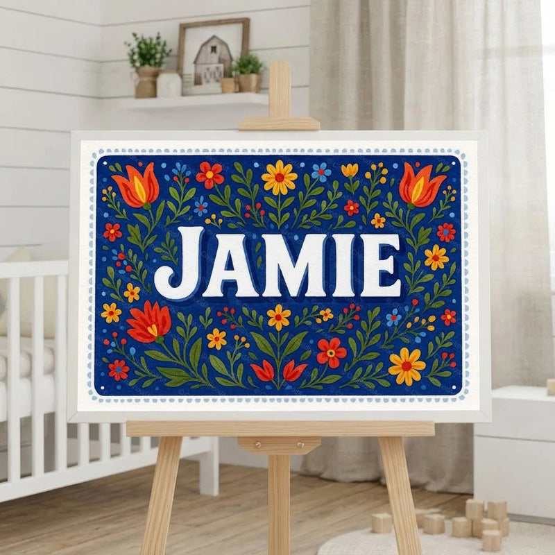 Jamie Name Art - Floral Farmhouse personalized wall print for kids