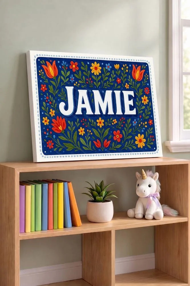 Jamie Name Art - Floral Farmhouse personalized wall print for kids