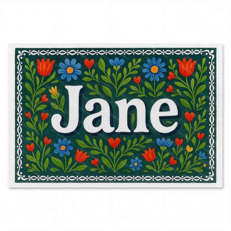 Jane Name Art - Floral Farmhouse personalized wall print for kids