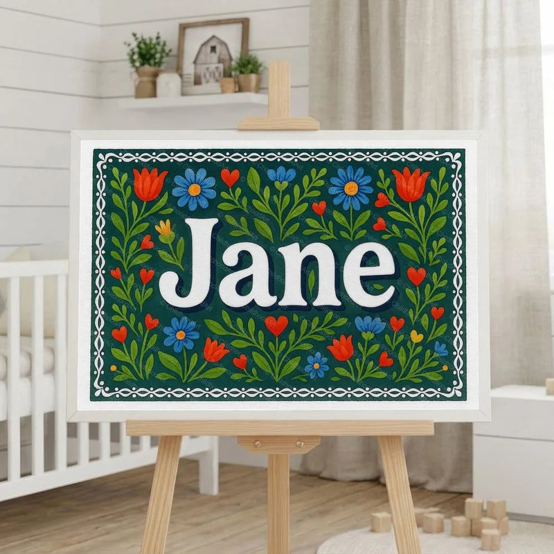 Jane Name Art - Floral Farmhouse personalized wall print for kids