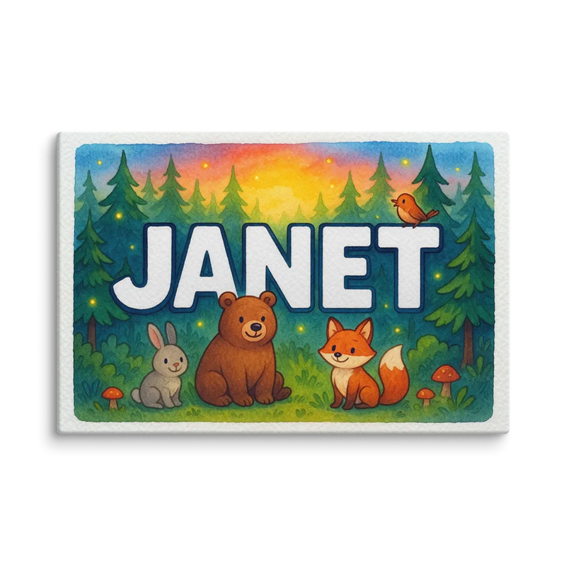 Janet Name Art - Forest Friends personalized wall print for kids