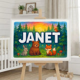 Janet Name Art - Forest Friends personalized wall print for kids