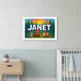 Janet Name Art - Forest Friends personalized wall print for kids