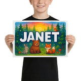 Janet Name Art - Forest Friends personalized wall print for kids