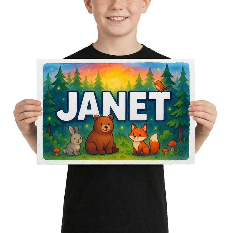 Janet Name Art - Forest Friends personalized wall print for kids