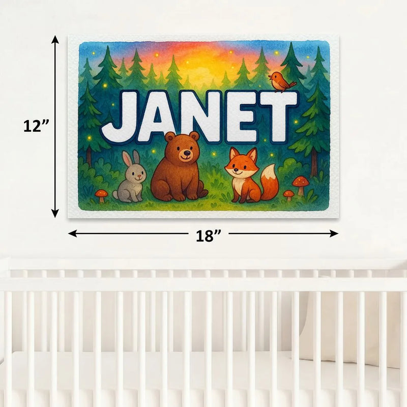 Janet Name Art - Forest Friends personalized wall print for kids