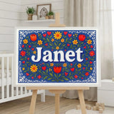 Janet Name Art - Floral Farmhouse personalized wall print for kids