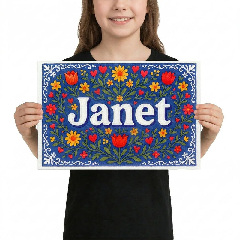 Janet Name Art - Floral Farmhouse personalized wall print for kids