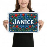 Janice Name Art - Floral Farmhouse personalized wall print for kids