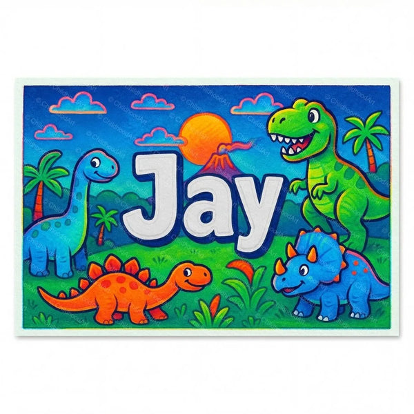 Personalized Jay name art print in the Dinosaur adventure style