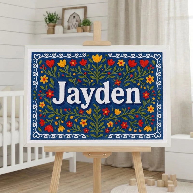 Jayden Name Art - Floral Farmhouse personalized wall print for kids