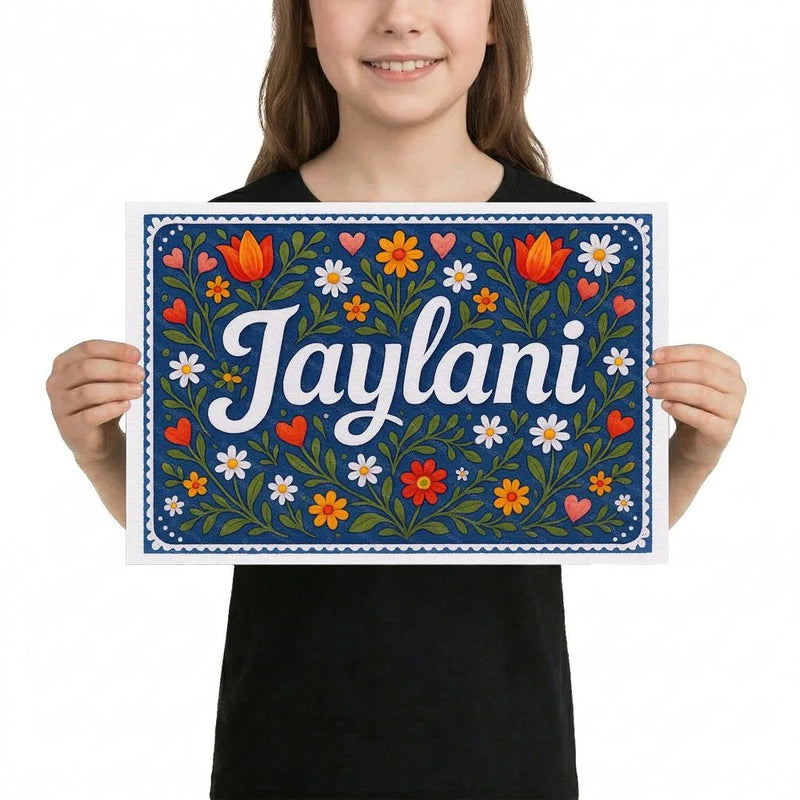 Jaylani Name Art - Floral Farmhouse personalized wall print for kids