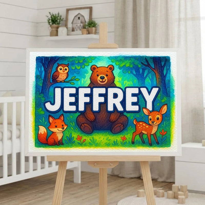 Jeffrey Name Art - Forest Friends personalized wall print for kids