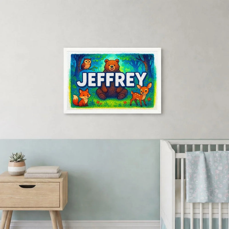 Jeffrey Name Art - Forest Friends personalized wall print for kids