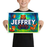 Jeffrey Name Art - Forest Friends personalized wall print for kids