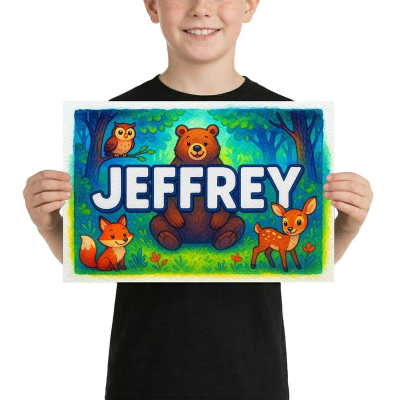 Jeffrey Name Art - Forest Friends personalized wall print for kids