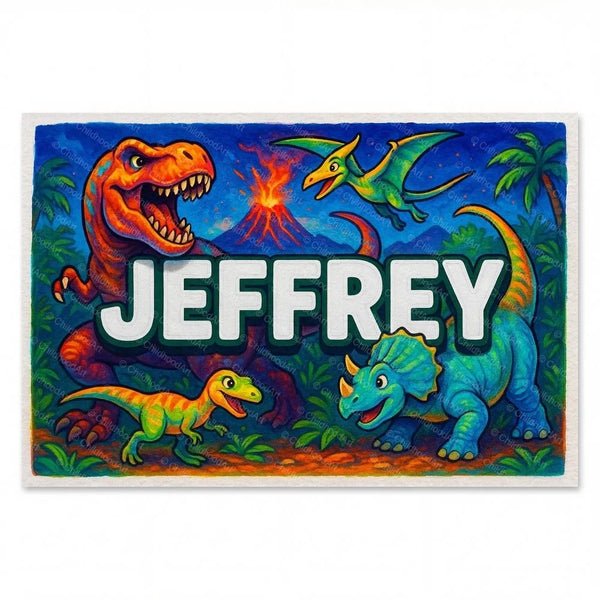 Personalized Jeffrey name art print in the Dinosaur adventure style