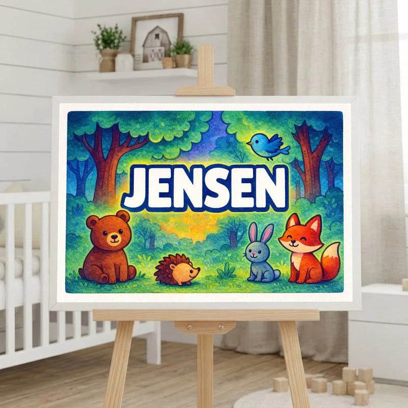Jensen Name Art - Forest Friends personalized wall print for kids