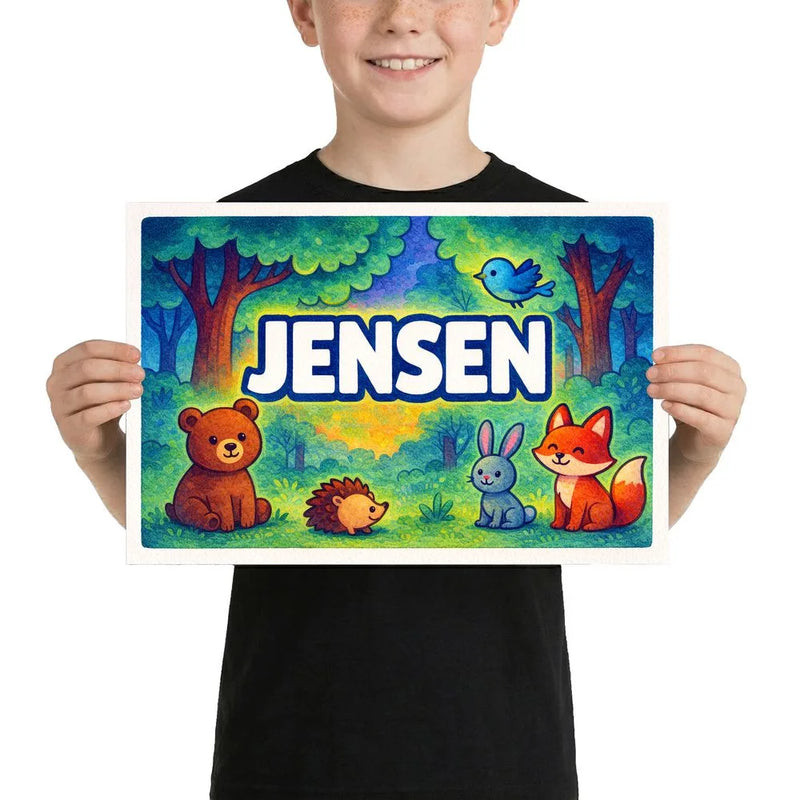 Jensen Name Art - Forest Friends personalized wall print for kids
