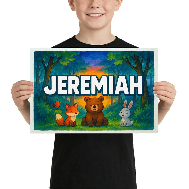 Jeremiah Name Art - Forest Friends personalized wall print for kids