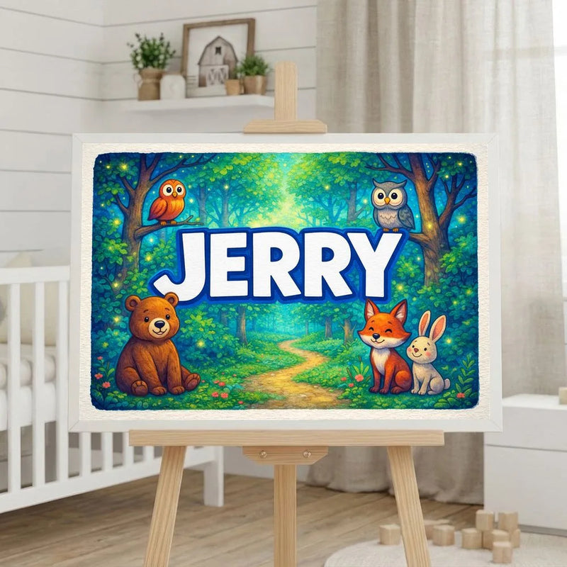 Jerry Name Art - Forest Friends personalized wall print for kids