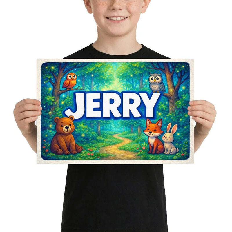 Jerry Name Art - Forest Friends personalized wall print for kids