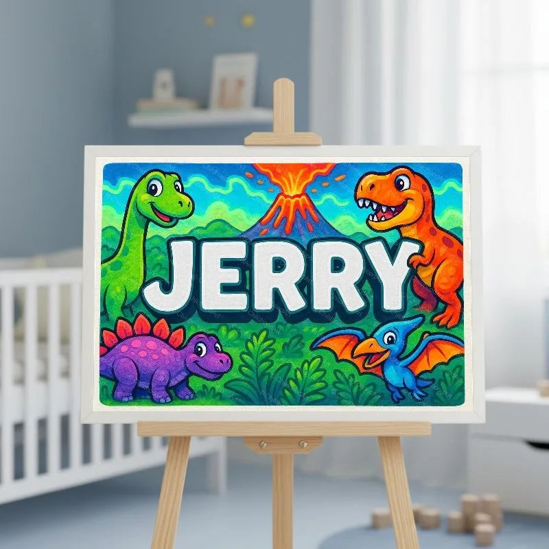Jerry Name Art - Dinosaur Adventure personalized wall print for kids