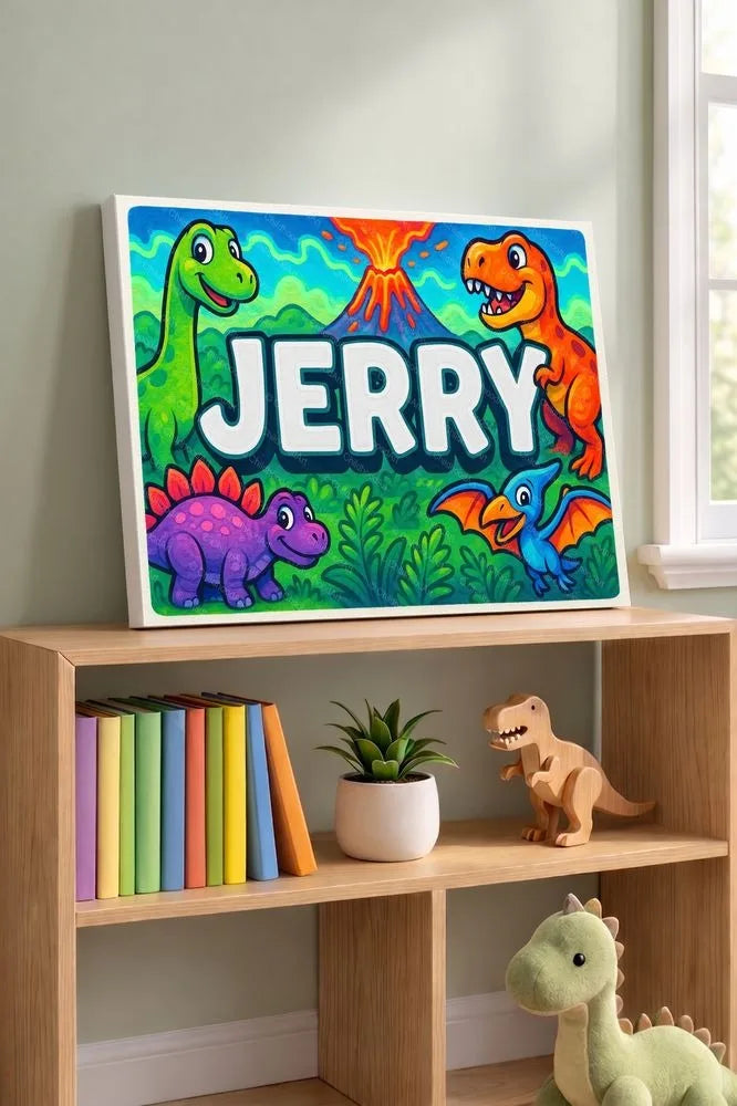 Jerry Name Art - Dinosaur Adventure personalized wall print for kids