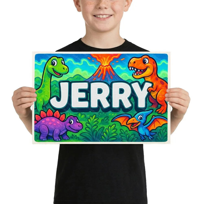 Jerry Name Art - Dinosaur Adventure personalized wall print for kids