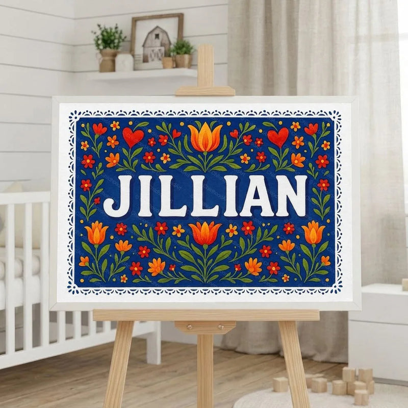 Jillian Name Art - Floral Farmhouse personalized wall print for kids