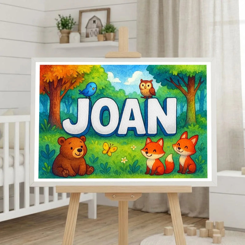Joan Name Art - Forest Friends personalized wall print for kids