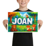 Joan Name Art - Forest Friends personalized wall print for kids