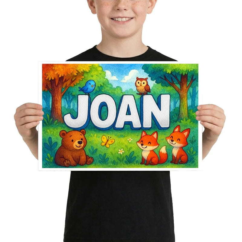Joan Name Art - Forest Friends personalized wall print for kids