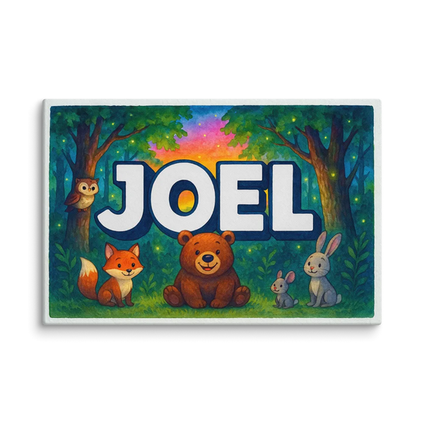 Forest friends themed name art featuring Joel