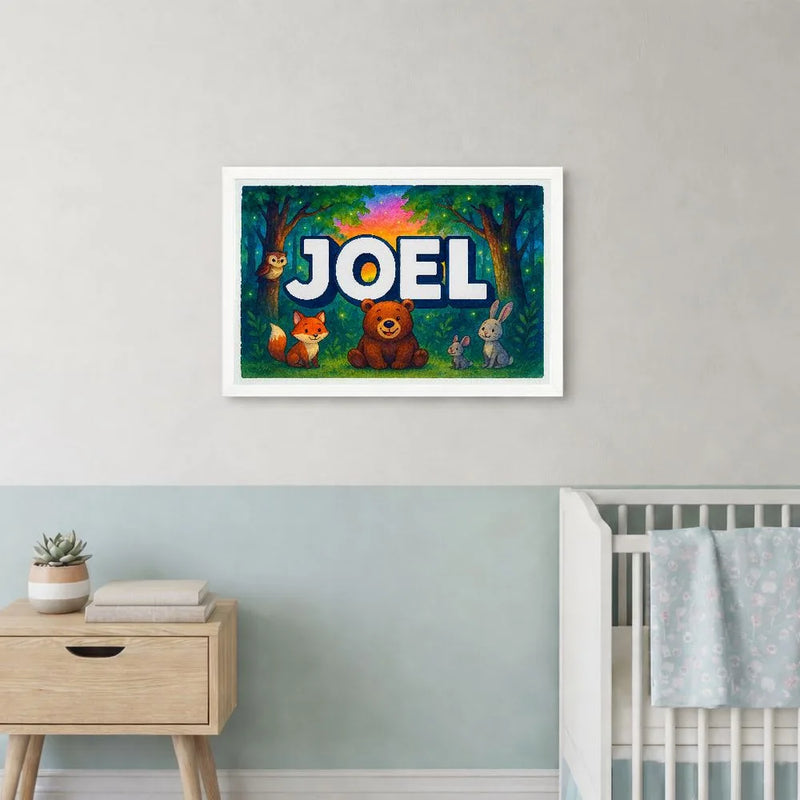 Joel Name Art - Forest Friends personalized wall print for kids