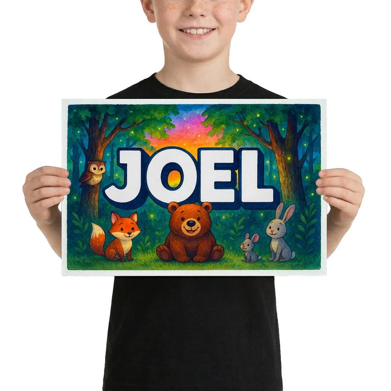 Joel Name Art - Forest Friends personalized wall print for kids