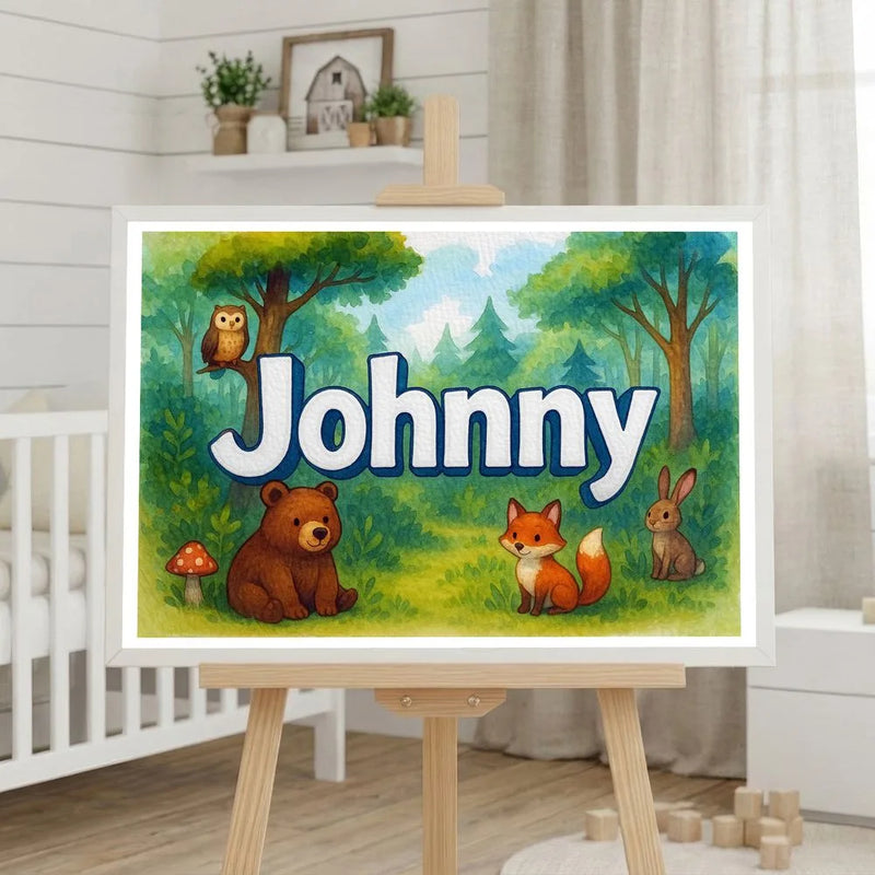 Johnny Name Art - Forest Friends personalized wall print for kids