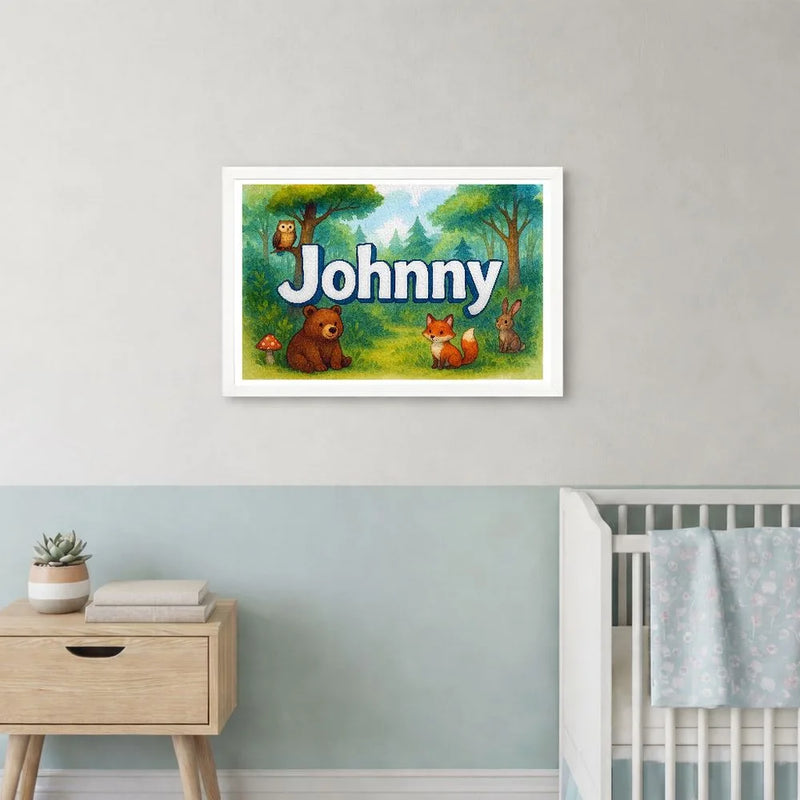 Johnny Name Art - Forest Friends personalized wall print for kids