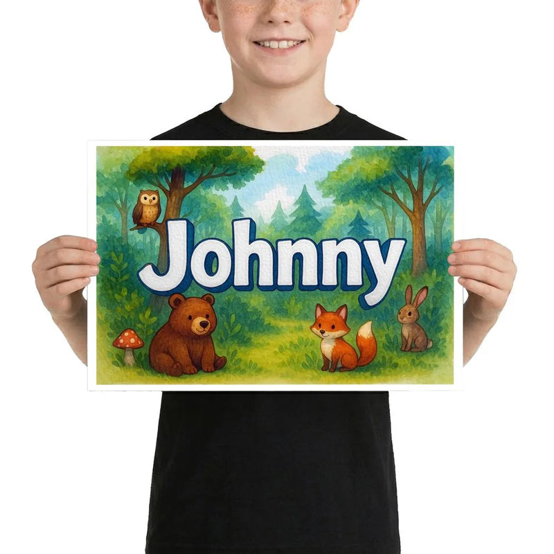 Johnny Name Art - Forest Friends personalized wall print for kids