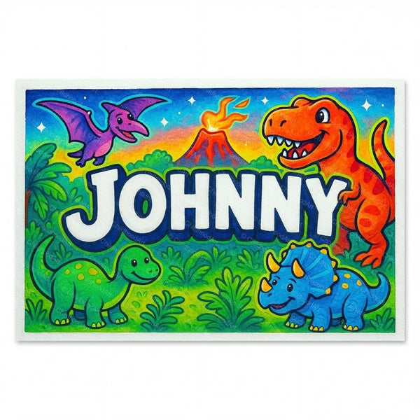 Personalized Johnny name art print in the Dinosaur adventure style