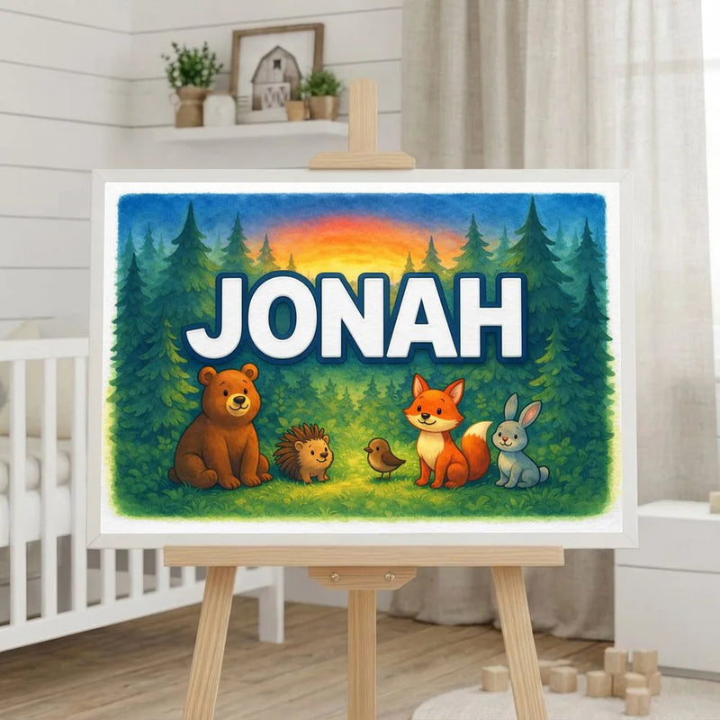 Jonah Name Art - Forest Friends personalized wall print for kids