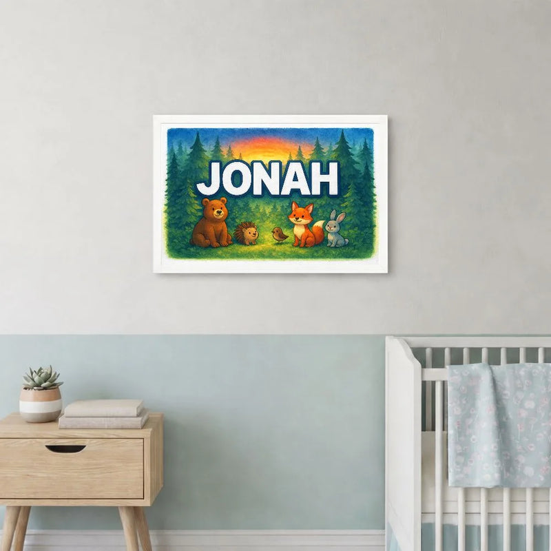 Jonah Name Art - Forest Friends personalized wall print for kids